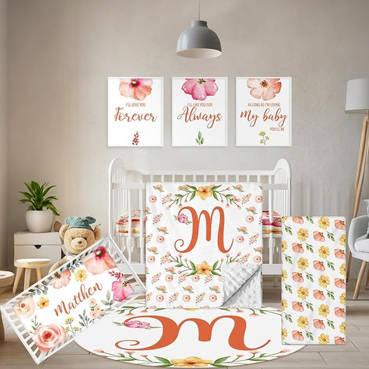 Custom Baby Bedding Set - 5 Pcs Customized Nursery Bedding Set with Name - Comfortable Double Layer Crib Sets for Girls Boys - Personalized Gifts for Toddler Infant New Parents - Orange Flowers