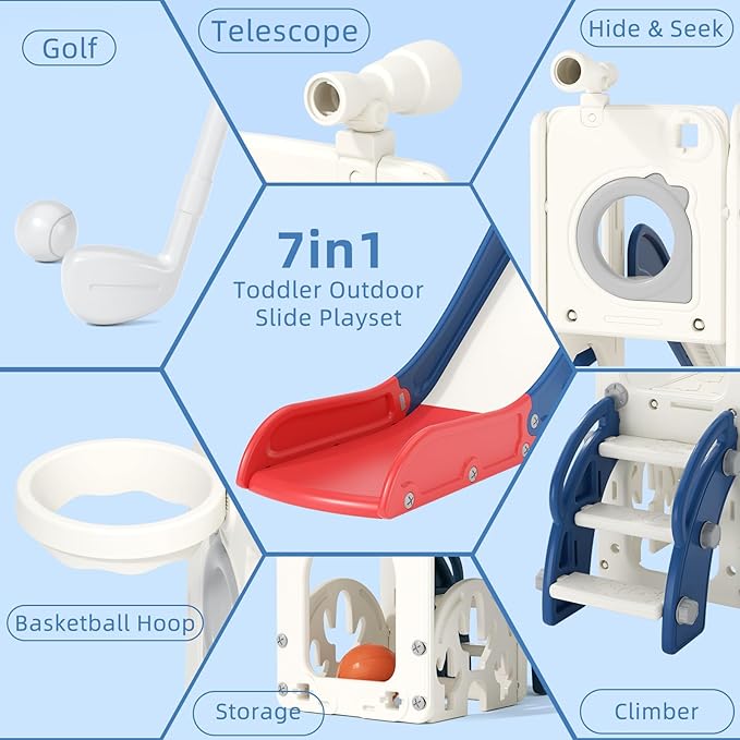 67i Toddler Slide for Kids - Foldable Indoor/Outdoor Plastic Slide with Basketball Hoop, Anti-Slip Steps, Safe & Durable Playground Equipment for 1-3 Years (Red Blue)