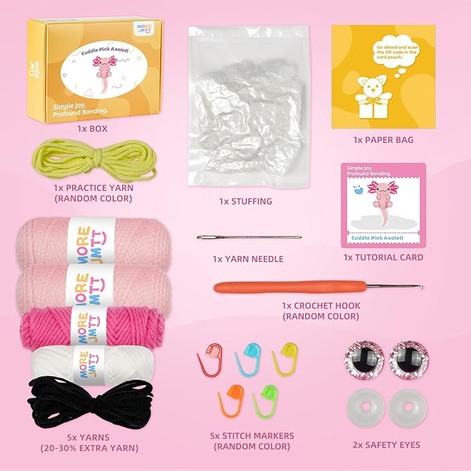 Crochet Kit for Beginners, Learn to Crochet, Include Easy Knitting Soft Yarn, Step-by-Step Video Tutorial, Hook, Holiday Birthday Gift for Adults and Kids(Happy Axolotl)