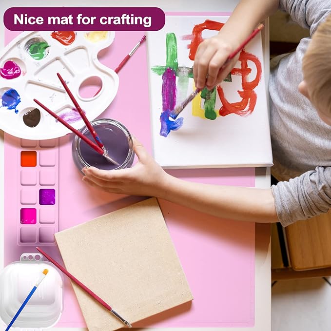 AWOKE Silicone Painting Mat for Table Protection - 20"X16" Washable Art Mat with 1 Water Cup for Kids - Craft Mat has 12 Color Dividers - 2 Paint Palettes (Pink), Toddler Activities, Girl Boy Gifts