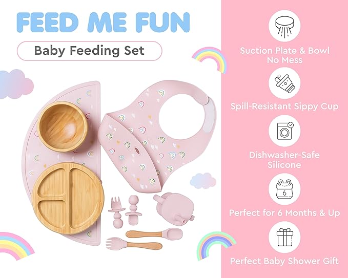 Bamboo Baby Feeding Set for Infants & Toddlers - Baby Essentials, Non-Toxic, Sustainable, Bamboo Suction Plate & Bowl, Bib, Sippy Cup w/Lid & Straw, Daily Use, Travel, Baby Shower Gifts (Pink)