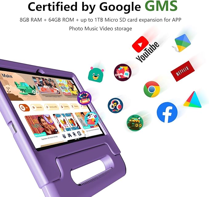 Kids Tablet 8GB+64GB, 10 Inch Android 14 Tablet for Kids 6000mAh with Case, WiFi 6, Bth 5.2, Dual Camera, GPS Pre-Installed Parental Controls, Kids Space & Family Link Great Gift for Toddler Children