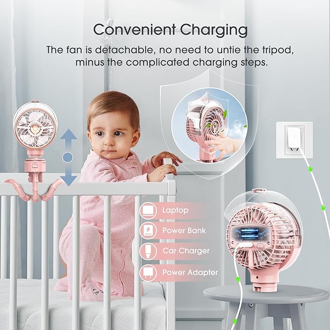 Ausic Stroller Fan with Mist, 100ml Misting Portable Fan for Stroller, Baby Fans with Detachable Tripod, Baby Essentials, Clip on Fans for Crib, Treadmill, Car Seat, Outdoor