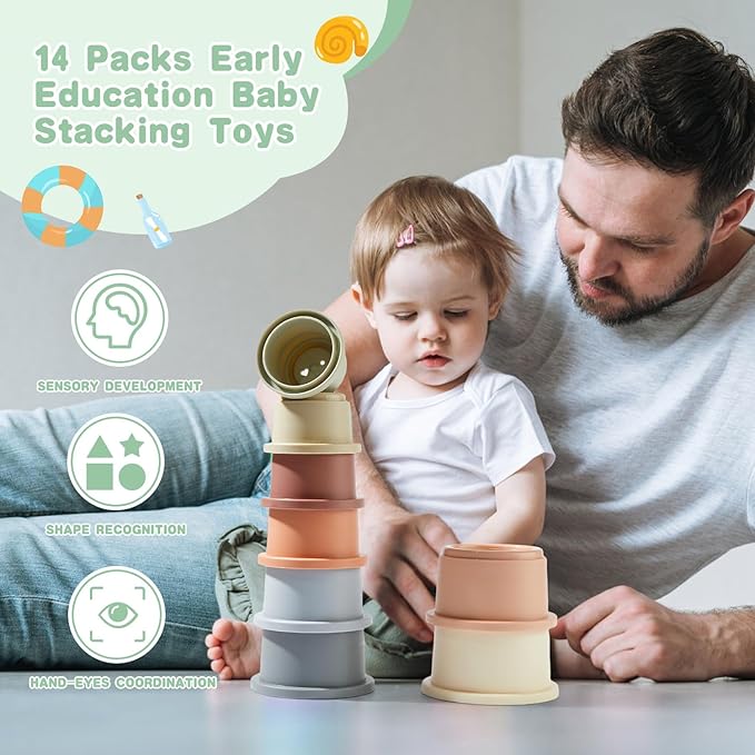 Baby Bath Toys for Kids Ages 1-3, 14 PCS Mold Free Bath Toys for Toddler with Stacking Cups & Bath Spoons, Bathtub Water Toys for Babies 6-12 Months Early Learning Educational Gifts