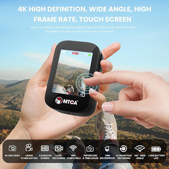 asika 4K Ultra HD Action Camera with Touch Screen-Waterproof Sports Camera,6-Axis Gyro Stabilization,145° Wide-Angle,Loop Recording for Vlogging,Cycling,Motorcycle(Supports Time-Lapse/Pre-Record)