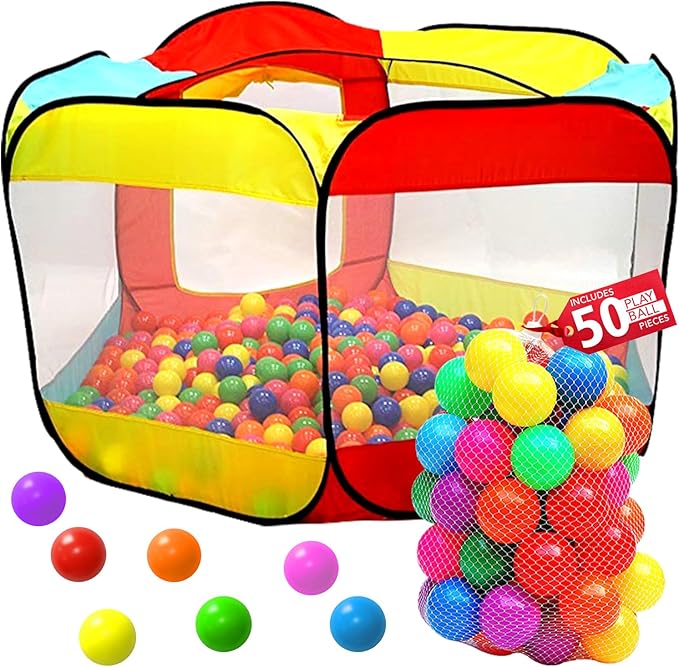 Kids Ball Pit Pop Up Large Tent for Toddlers - Indoor & Outdoor Gift Toys for Infants Girls & Boys, Baby Playpen with Zippered Storage Bag, 50 BallPit Balls Included