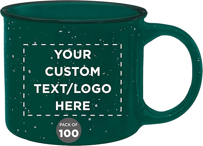 DISCOUNT PROMOS Custom Ceramic Campfire Coffee Mugs 13 oz. Set of 100, Personalized Bulk Pack - Perfect for Tea, Espresso, Cappuccino, Hot Cocoa - Green