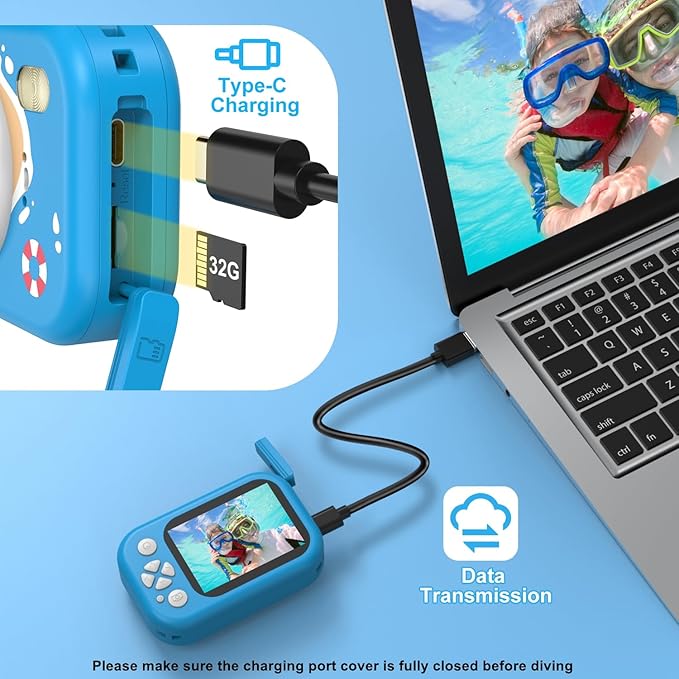 Kids Camera Waterproof, IP68 Underwater Camera for Kids Aged 3-12, HD Kids Digital Camera with 1080P Video Recording, Durable ABS Material, Pool Toys for Boys Girls with 32GB Card(Blue)