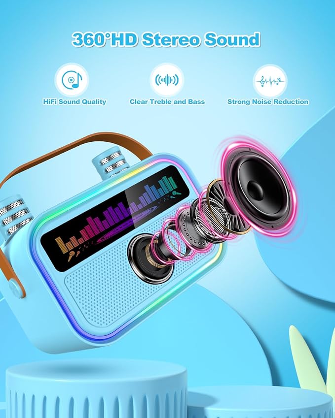 Karaoke Machine for Kids Adults, Birthday Gifts Toys for Girls Boys Age 3-12+,Mini Portable Bluetooth Singing Speaker with 2 Wireless Microphones & LED Lights (Blue)