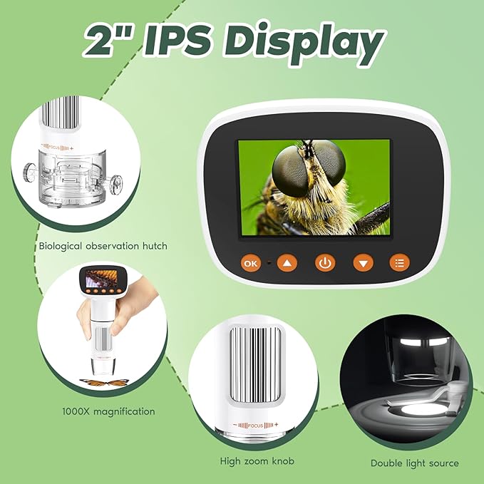 Kids Microscope for Ages 8-12, Handheld Digital Microscope D-MS1 with 2" IPS Screen - Take Pictures & Videos - Download to PC & Mac - 1000X Pocket Microscope, Used Birthday for Kids