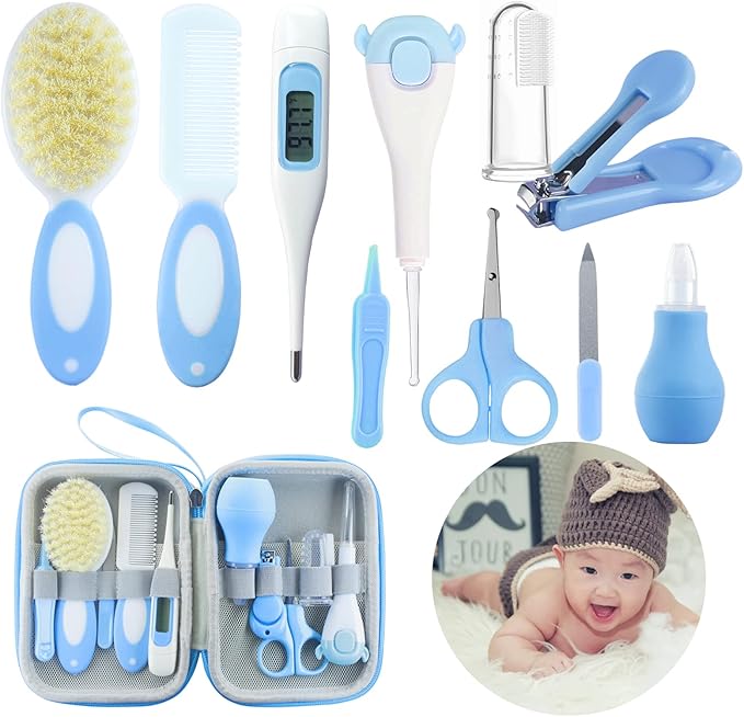 Baby Care Kits,Baby Grooming Kit,10 in 1 Newborn Essentials Must Haves,Baby Nail Clippers Baby Brush Baby Comb Earpick Nose Cleaning Tool Baby Nail File Nursing Baby Kit （Blue）