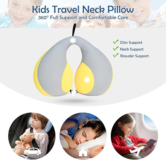 MOOB Kids Travel Pillow for Car Seat Kids U-Shape Travel Neck Pillow Support Children Stroller Pillow Grey Yellow