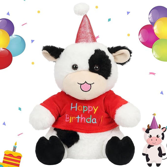 Cuteoy Happy Birthday Cow Musical Stuffed Animal Shaking Singing Dancing Plush Toy Electric Interactive Animated Plushies Gifts for Kids Girls Boys