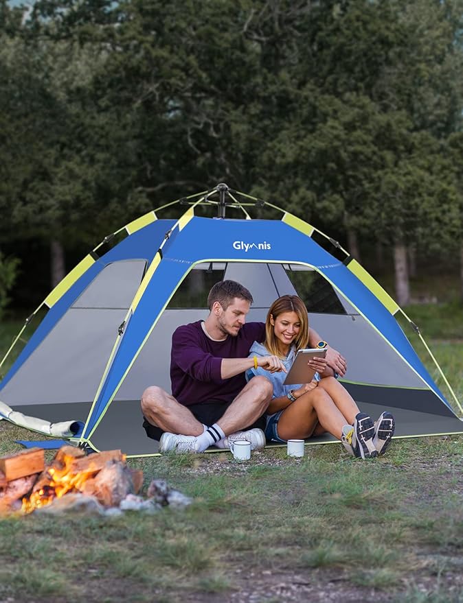 Glymnis Pop Up Beach Tent Sun Shade Shelter for 3-4 Person with UPF 50+, Lightweight & Easy Setup, Vent Windows & Zippered Door, Extended Floor Family Instant Beach Tent