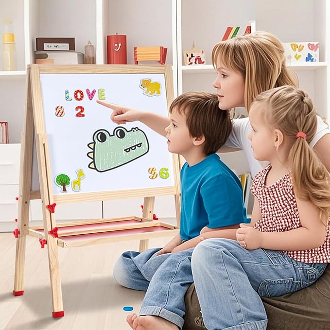 Foldable Kids Painting Easel Double Sided Chalkboard & Magnetic Whiteboard Wooden Art Easel Adjustable Height with Accessories Gift for Toddlers and Kids Ages 3-8