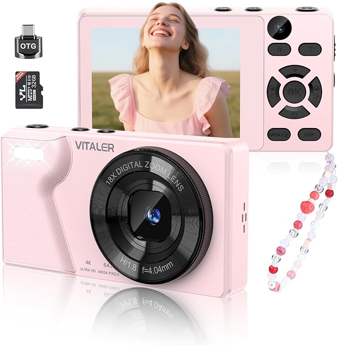 Digital Camera with Front Rear Lens, Autofocus 64MP 4K Camera for Photography with 32GB Card, Portable Compact Point and Shoot Camera for Teens Adult Beginner with Metal Shell, 2000mAh Battery