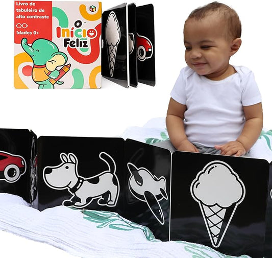 Happy Start Award-Winning High Contrast Board Book - Newborn Black & White Baby Cards, Easy to Clean, Hospital Approved, Stands on Its Own, Tummy Time Toy, Ages 0+ (Portuguese)