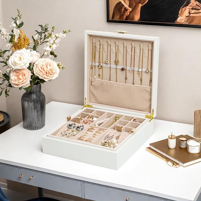 Jewelry Box Organizer for Women,White 2 Layer jewelry Stoarge Case,Built in Necklace Hook and Detachable Jewelry Tray,Indoor Jewelry Display Box