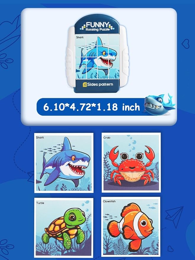 16-Piece Rotating Puzzles for Kids 4-6, Toddlers Puzzles 2-4, Road Trip, Airplane Activities Game, Travel Toys - Brain Teaser, Fine Motor Skills - Birthday Gifts Boys & Girls - Marine Life