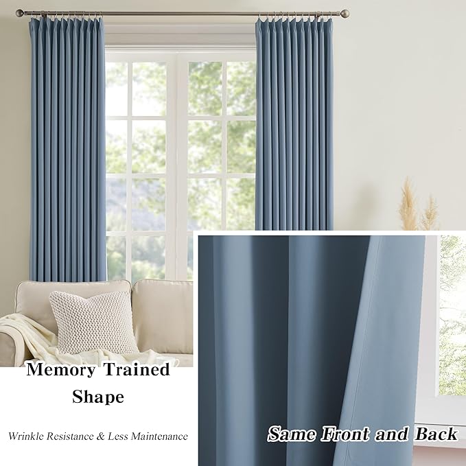 KEQIAOSUOCAI Pinch Pleated Patio Sliding Door Curtains 102 Inch Length, Blackout Room Divider Curtain Drapes for Living Room Dining Room French Door(Dusty Blue, 100 Inch Wide per Panel, 2 Panels)