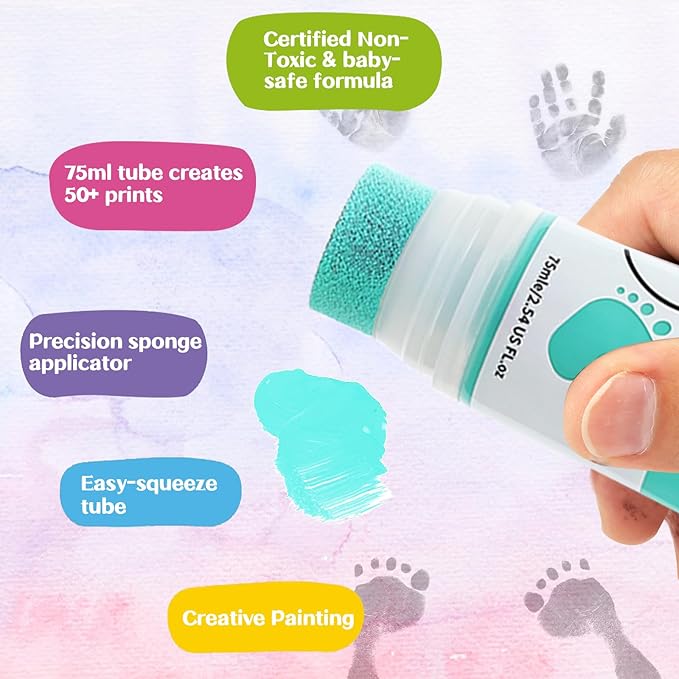 75ml Mint Green Baby Hand and Footprint Ink Kit, Baby Handprint Footprint Paint for Newborn Keepsake, Dog Cat Paw Print Kit, Washable, Non Toxic Acid-Free, Safe Gentle for Ideal New Mom Gifts