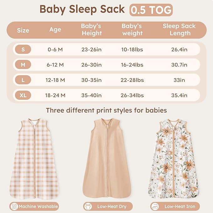 Baby Sleep Sack 0-6 Months Summer Sleep Sack 3 Pack 100% Cotton Baby Sleep Bag Wearable Blanket for Newborn Infant Orange Flowers & Plaid