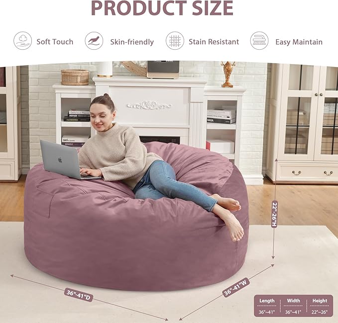 3FT Bean Bag Chair, Comfy Bean Bag Chairs with Memory Foam Filled, Fluffy Beanbag Sofa with Dutch Velvet Cover, Round BeanBag Chairs for Living Room, Playroom - Dusty Pink