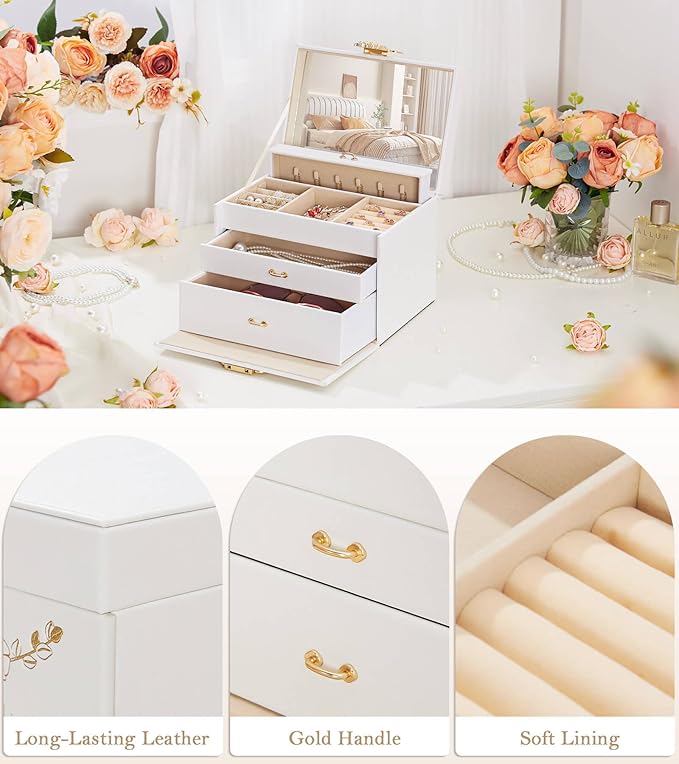 Jewelry Box with Lock for Girls: Jewelry Organizer for Dresser - 3-Drawer Earrings Storage Girls Women Gift (White)