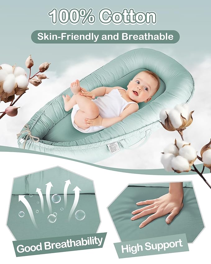 Baby Lounger - Infant Lounger for Newborn 0-24 Months, Pure Cotton Breathable Baby Nest Lounger Cover, Newborn Essentials for Baby Boys & Girls, Portable Baby Lounger for Home and Travel