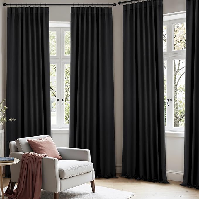 ANRODUO Back Tab Blackout Curtains for Bedroom Living Room, Rod Pocket Pinch Pleated Thermal Insulated Room Darkening Curtains 96 Inches Long 2 Panels, Black, 42 x 96 Inch