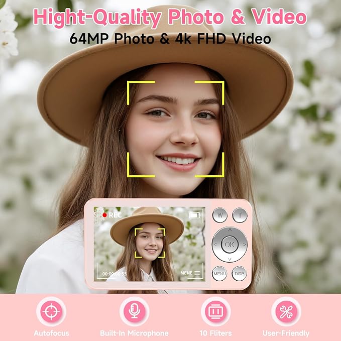 Digital Camera, Autofocus 4K 64MP Point and Shoot Digital Cameras for Teens with 64GB Card, 18X Zoom Anti-Shake Compact Video Camera for Student Kids Boys Girls Beginner - Pink