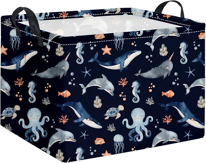 HIYAGON Rectangular Ocean Basket Kids Baby Storage Bin Toy Organizer Box for Boys Under the Sea Nursery Decor(Ocean)