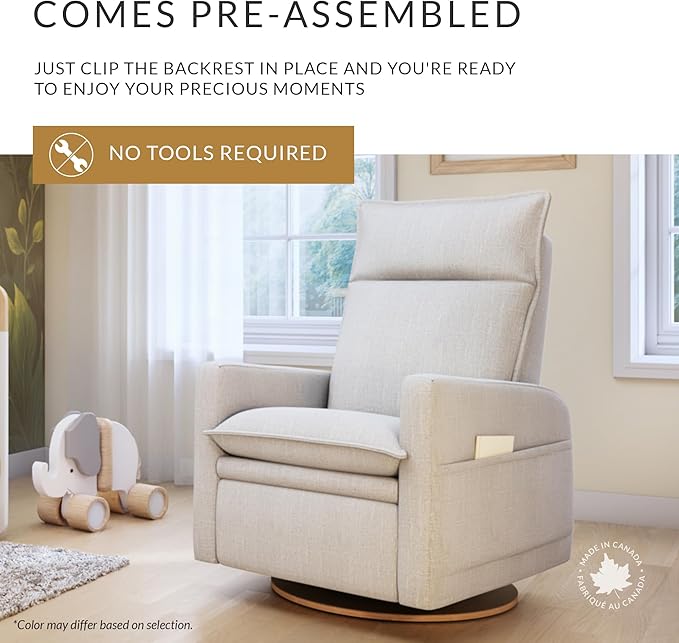 Arya Modern Nursery Chair Glider Recliner with 180° Swivel - Cozy Motorized Reclining Nursing Chair with USB Ports, Gentle Motion, Ergonomic Design, Canadian-Made (Sand/Como Fabric)