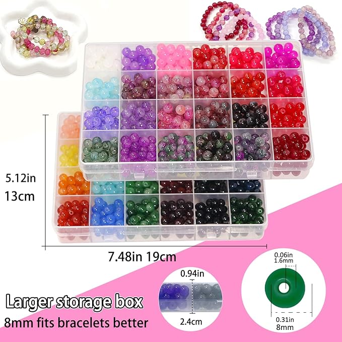 JULIMAIDONG 8mm Glass Beads for Bracelets 2100pcs, 48 Colors Round Crystal Glass Bracelet Making Kit for Jewelry Making Kits Bead DIY Crafts with Spacer Charms Accessories (48Color(Solid+Printing)