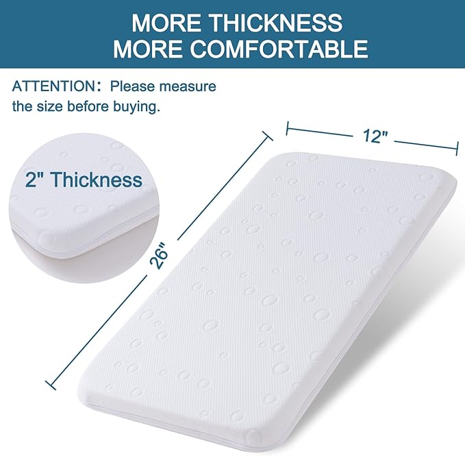 Baby Bassinet Mattress, 26" x 12" x 2" Dual Sided Gel Memory Foam Mattress with Breathable Removable Soft Cover Fit for The Bassinet Comes with Pack and Play