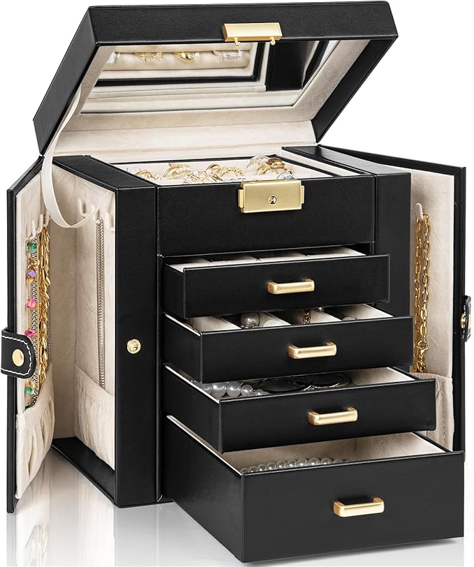 AKOZLIN 5-Tier Jewelry Box Leather Jewelry Storage Organizer with 4 Drawers Lockable for Women Girls Ring Necklace Earring Bracelet Watches Holder with Mirror Black