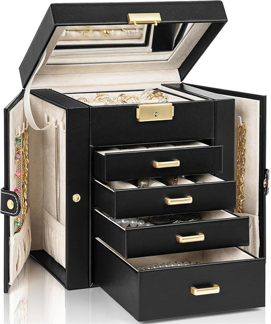 AKOZLIN 5-Tier Jewelry Box Leather Jewelry Storage Organizer with 4 Drawers Lockable for Women Girls Ring Necklace Earring Bracelet Watches Holder with Mirror Black