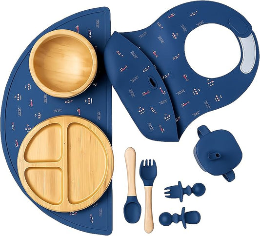 Bamboo Baby Feeding Set for Infants & Toddlers - Baby Essentials, Non-Toxic, Sustainable, Bamboo Suction Plate & Bowl, Bib, Sippy Cup w/Lid & Straw, Perfect Baby Shower Gifts (Midnight Blue)