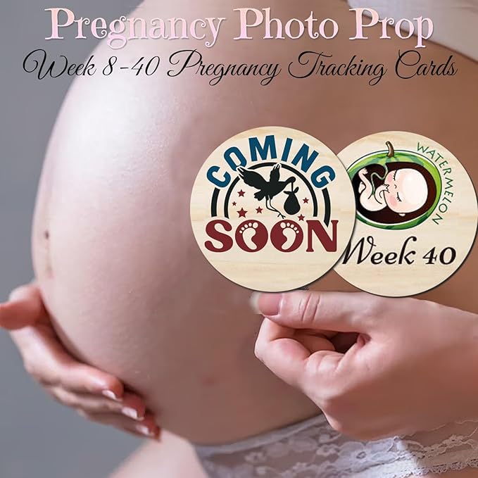 42 Designs Pregnancy Weekly Milestone Signs - Wooden Weekly Baby Bump Tracker Milestone Discs - Trimester Pregnancy Must Haves - Essential Gifts for Mommy to Be (Pregnancy Milestones Cards)