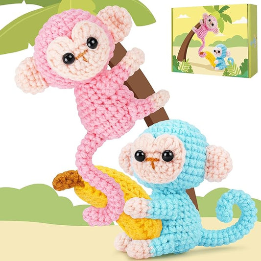 Crochet Kit for Beginners - 2 PCS Monkey with Banana Crochet Kits with Step-by-Step Video Tutorials, Beginner Crochet Kit for Adults, Crochet Monkey Kit for Kids (Blue & Pink)