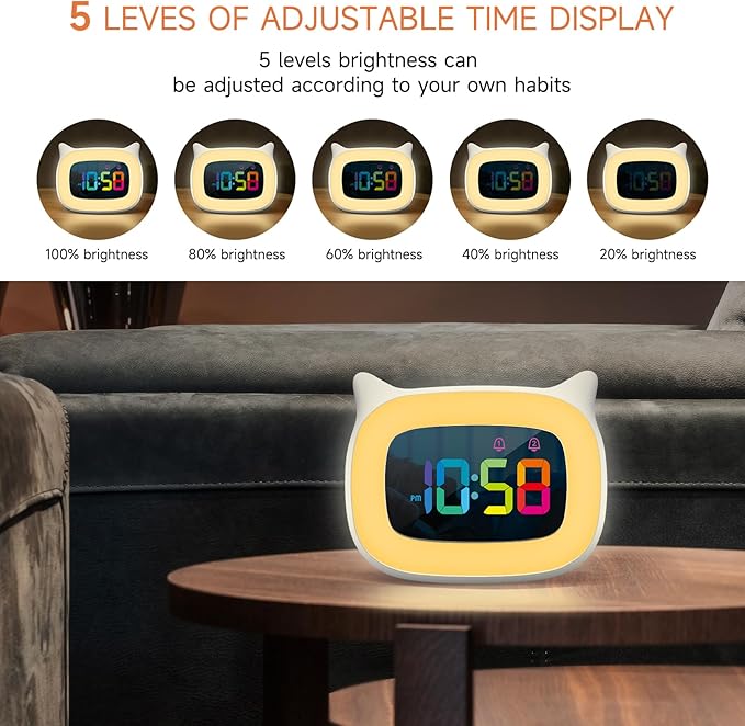 Cute Cat Ear Alarm Clock with RGB 7 Color Night Light & 18 Ringtones,Rechargeable Clock for Kids Bedroom,LED Colorful Digital Display,Bedside Clock for Boys,Girls Birthday Presents(White)