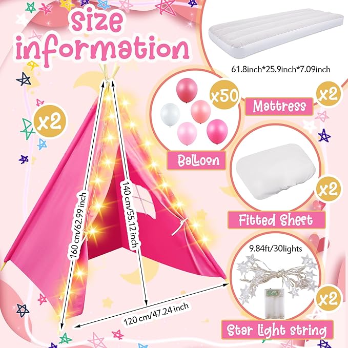 2 Pack Kids Teepee Tent with Mattress,Fitted Sheet,Light String,Washable Natural Cotton Toddler Play Tent for Girls Boys Indoor Outdoor Sleepover Slumber Birthday Party(Rose Red)