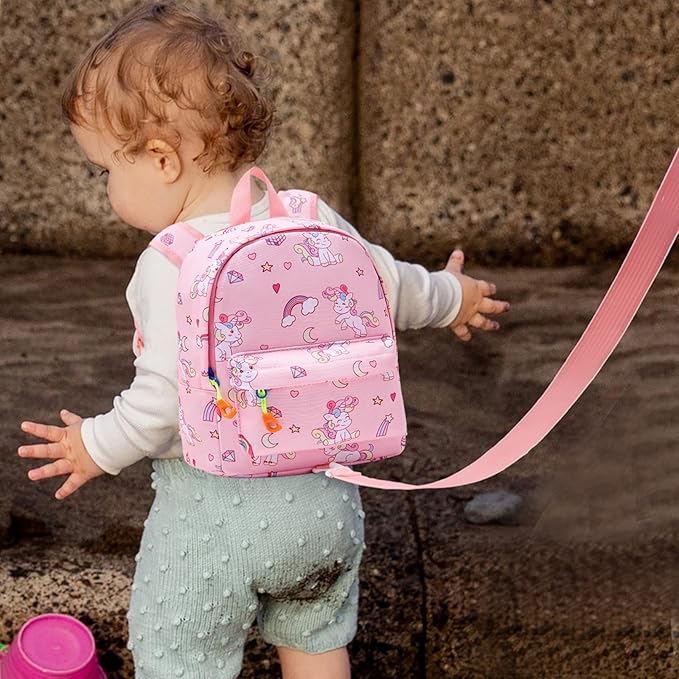 Accmor Toddler Backpack Leash with Anti Lost Wrist Link, Cute Mini Child Walking Harnesses Keep Kids Close Back Pack Rope Tether Rein for Baby Boys (Pink/Unicorn)