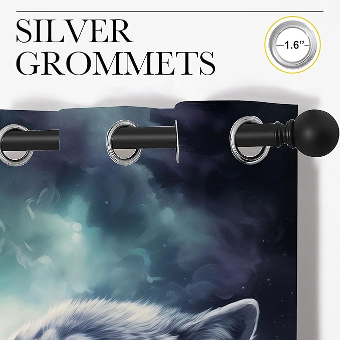 Forest Wildlife Blackout Curtains for Boys Girl Bedroom Decor,Blue Fantasy Starry Sky Howling Wolf Thermal Insulated Grommet Drapes Darkening Window Curtain for Living Room Home 84x63 inch