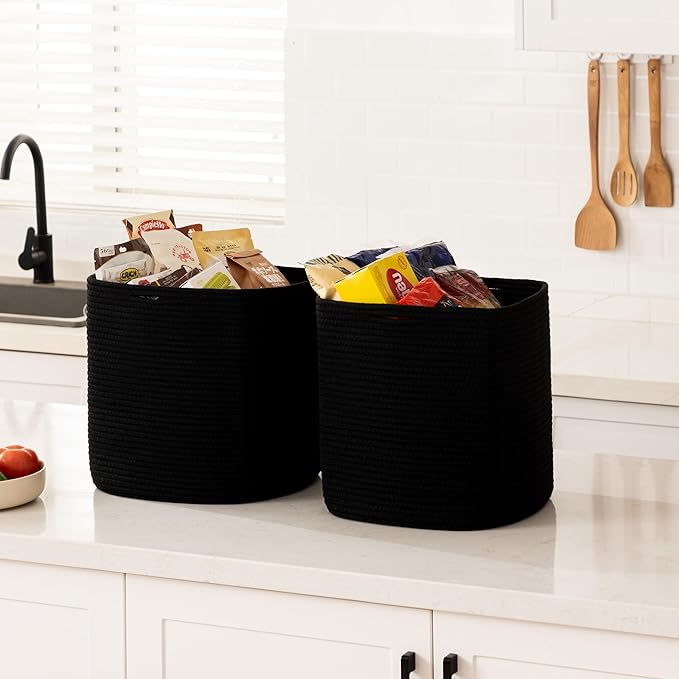joybest Cube Storage Bins Set of 4, 13inch Cube Baskets Organizer for Nursery, Square Cotton Rope Baskets for Shelves Organizing, Kids Toy, Closet Storage, Black
