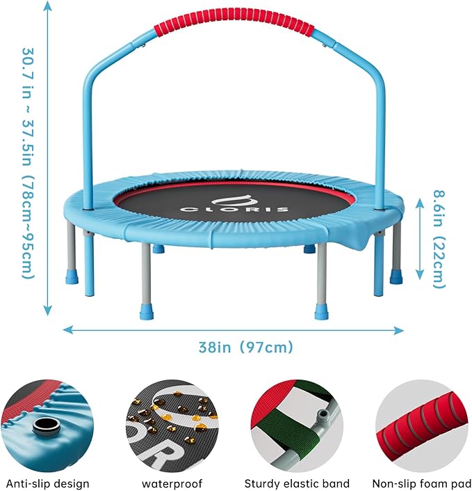CLORIS 38in/48in Folding Trampoline - Max Load 220lbs / 450lbs Mini Trampoline Rebounder Trampoline for Adults with Adjustable Foam Handle, with safty Padded Cover Best Gift for Kids/Adult