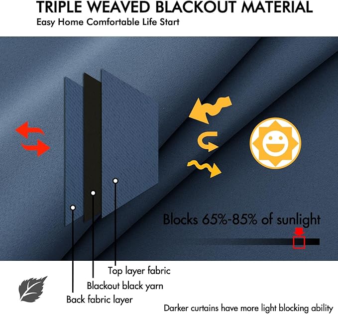 ANRODUO Back Tab Blackout Curtains for Bedroom Living Room, Rod Pocket Pinch Pleated Thermal Insulated Room Darkening Curtains 96 Inches Long 2 Panels, Stone Blue, 42 x 96 Inch