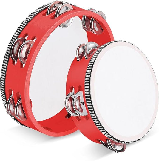 Flexzion Wood Handheld Tambourine for Kids - 8 & 6 Inch Set of 2 Pack, Double Row 12 Pair Metal Jingles, Percussion Drum Moon Musical Instrument (Red)