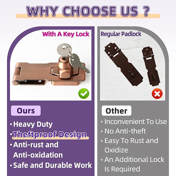 Alise Keyed Hasp Lock,4 Inch Safety Packlock Clasp Hasp Lock Latch with Lock,Door Hinge Lock with Keys Keyed Locking Hasp for Cabinets Closets Doors,Red Bronze