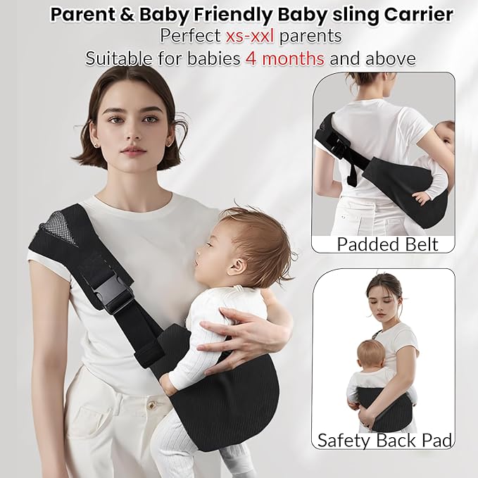 Baby Sling Carrier - Adjustable Baby Sling 2025 Upgraded Toddler Sling Comfortable Baby Wrap Carriers Ergonomic-Designed, Travel Friendly Carrying 10-45 Lbs(Black)